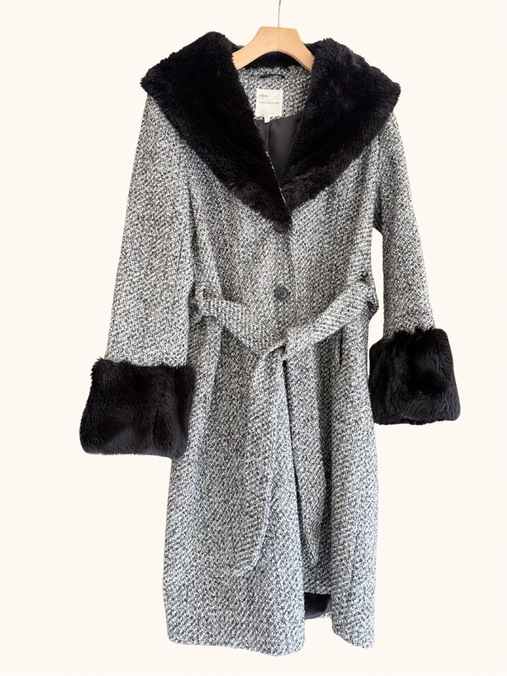 Avec Les Filles Gray Tweed Wool Blend Belted Coat Faux Fur Trim Size L